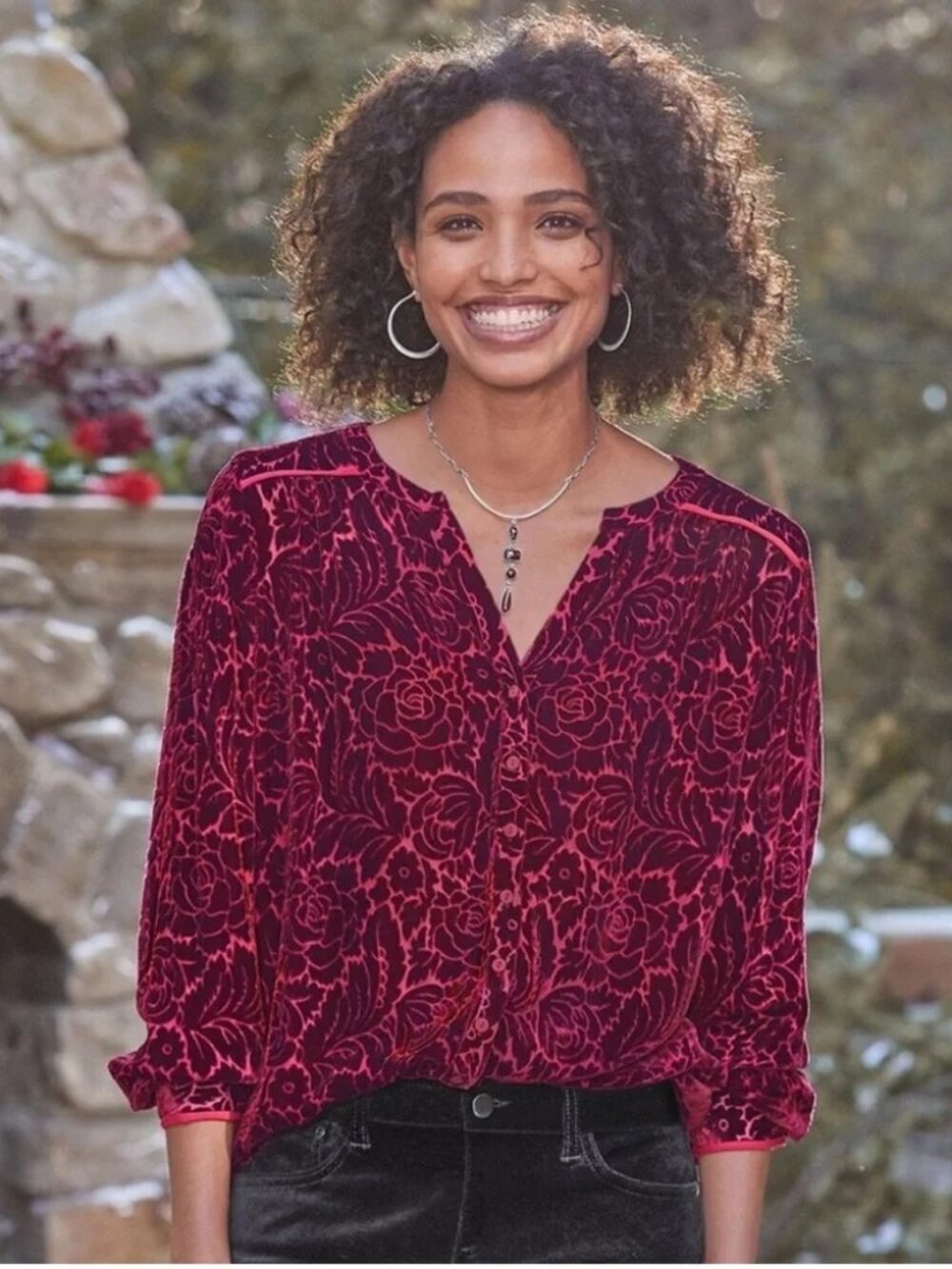Sundance Velvet Burnout Obsession Burgundy Floral Silk Blend Blouse Whimsigoth L